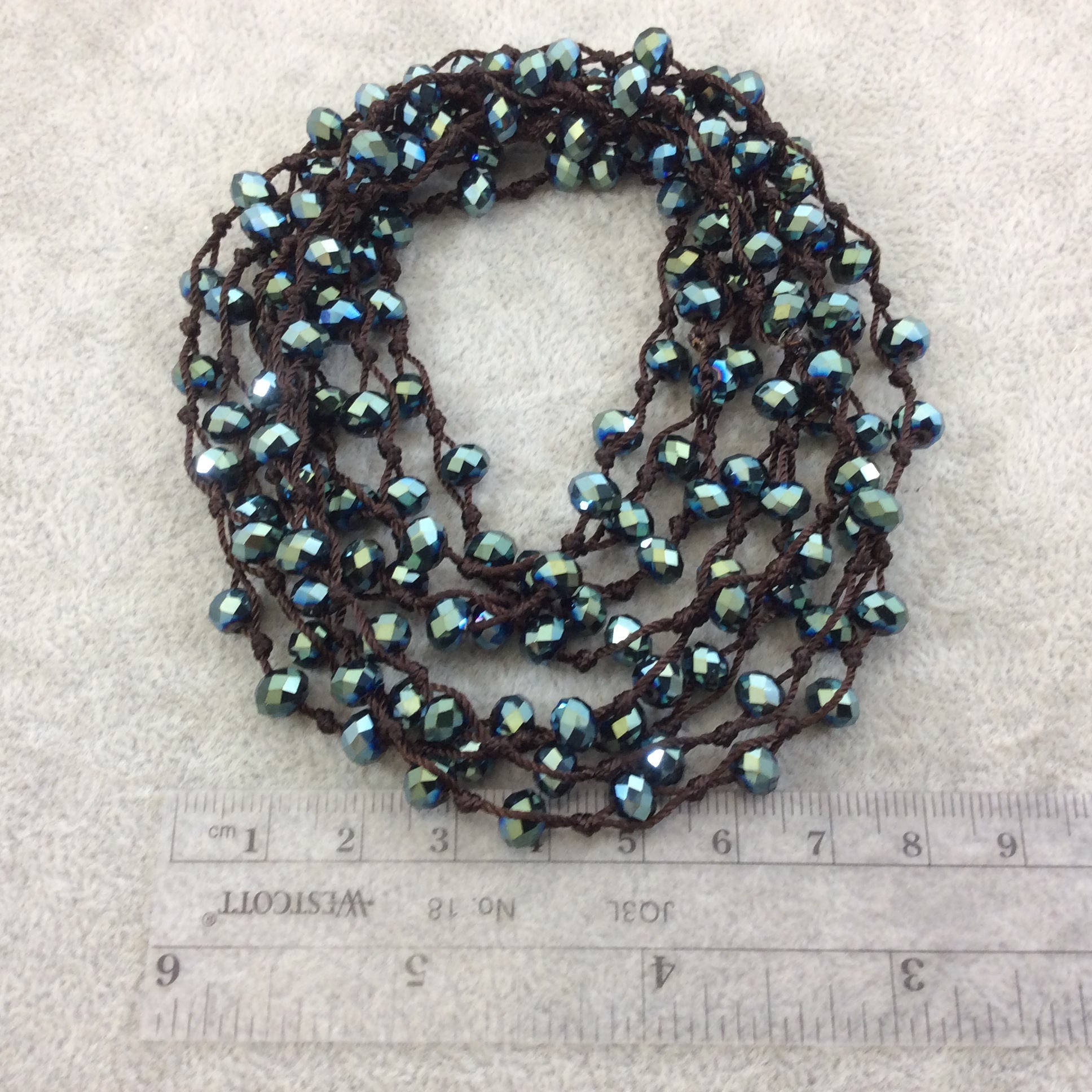 72" Woven Dark Brown Thread Necklace with 6mm Faceted Metallic Finish Rondelle Shaped Opaque Pine Green Chinese Crystal Beads - (DB72CC-104)