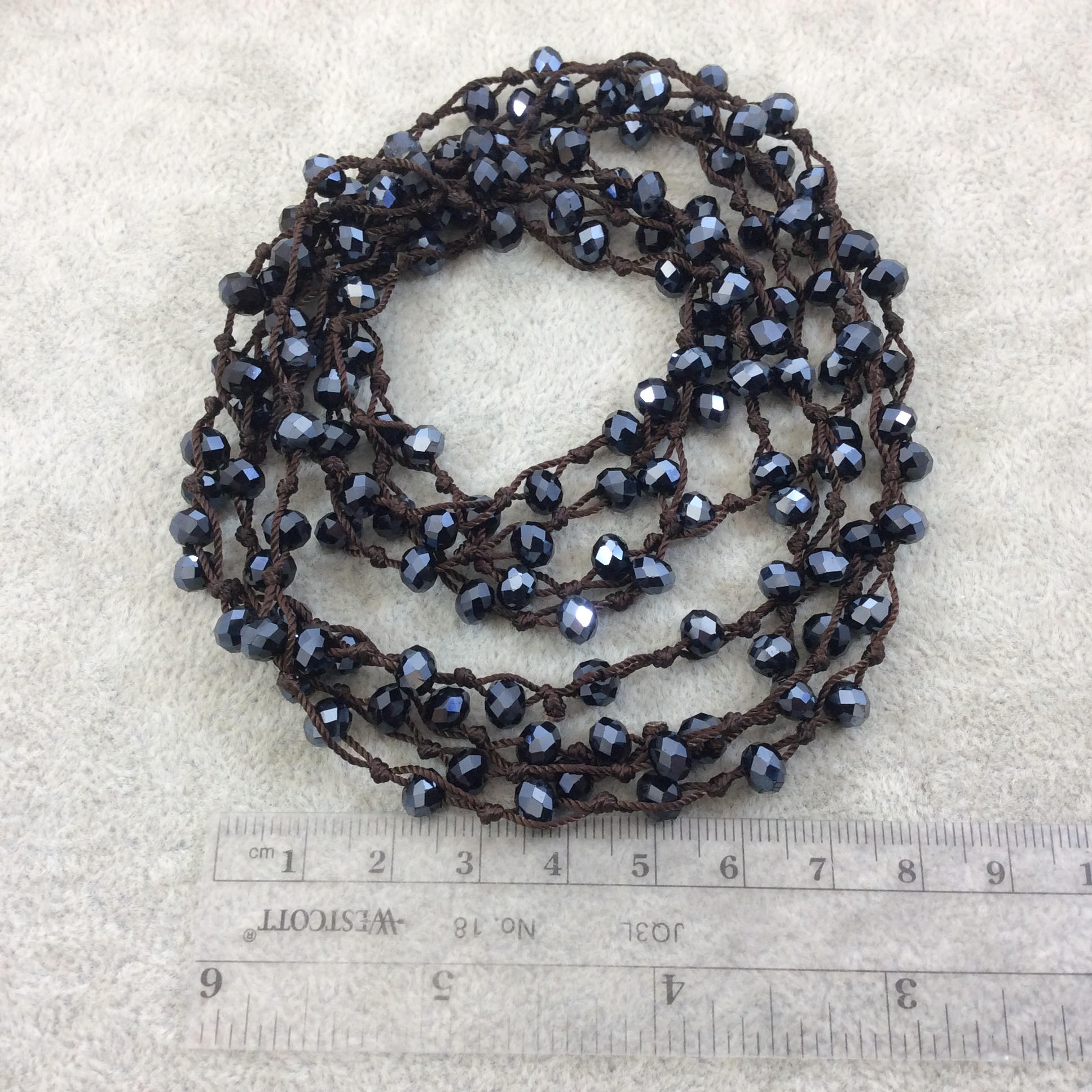 72" Woven Dark Brown Thread Necklace with 6mm Faceted Metallic Finish Rondelle Shaped Opaque Jet Black Chinese Crystal Beads - (DB72CC-112)