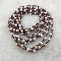 72" Woven Dark Brown Thread Necklace with 6mm Faceted AB Finish Rondelle Shaped Opaque Bicolor Peach Chinese Crystal Beads - (DB72CC-124)