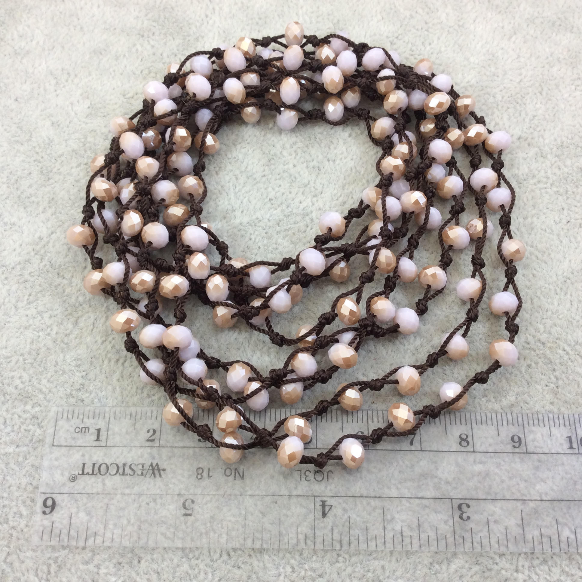 72" Woven Dark Brown Thread Necklace with 6mm Faceted AB Finish Rondelle Shaped Opaque Bicolor Peach Chinese Crystal Beads - (DB72CC-124)