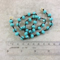 Chinese Crystal Beads | 18" Dark Brown Thread Necklace Section with 8mm Faceted Glossy Finish Rondelle Shaped Opaque Turquoise Glass Beads