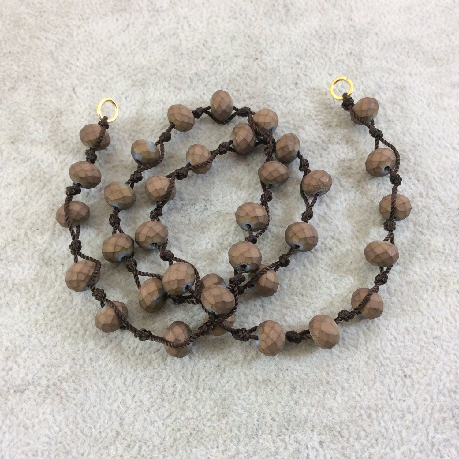 18" Dark Brown Thread Necklace Section with 8mm Faceted Matte Finish Rondelle Shaped Opaque Bronze Chinese Crystal Beads - (18CC-151)