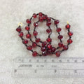 18" Dark Brown Thread Necklace Section with 8mm Faceted Glossy Finish Rondelle Shaped Trans. Garnet Red Chinese Crystal Beads - (18CC-28)