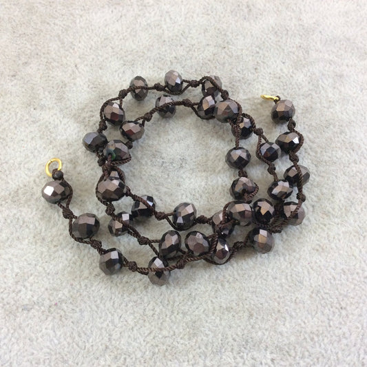 18" Dark Brown Thread Necklace Section with 8mm Faceted Metallic AB Finish Rondelle Shape Opaque Gunmetal Chinese Crystal Beads - (18CC-111)