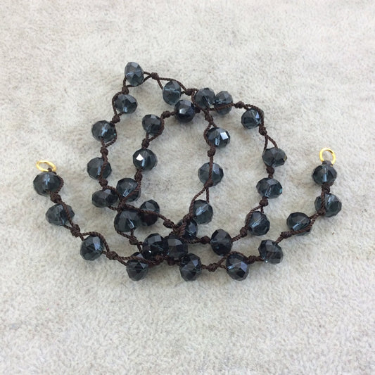 18" Dark Brown Thread Necklace Section with 8mm Faceted Glossy Finish Rondelle Shape Trans Dark Denim Blue Chinese Crystal Bead - (18CC-016)