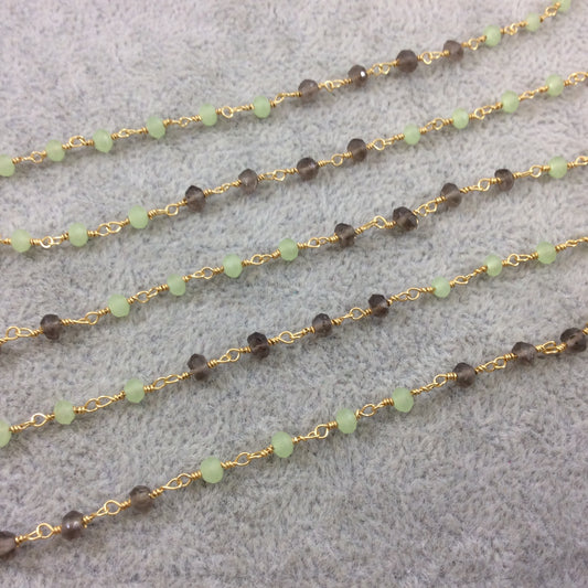 Gold Plated Copper Wrapped Rosary Chain with 3mm Faceted Natural Smoky Quartz and Prehnite Rondelle Beads (CH120-GD) - Sold by 1' Sections!