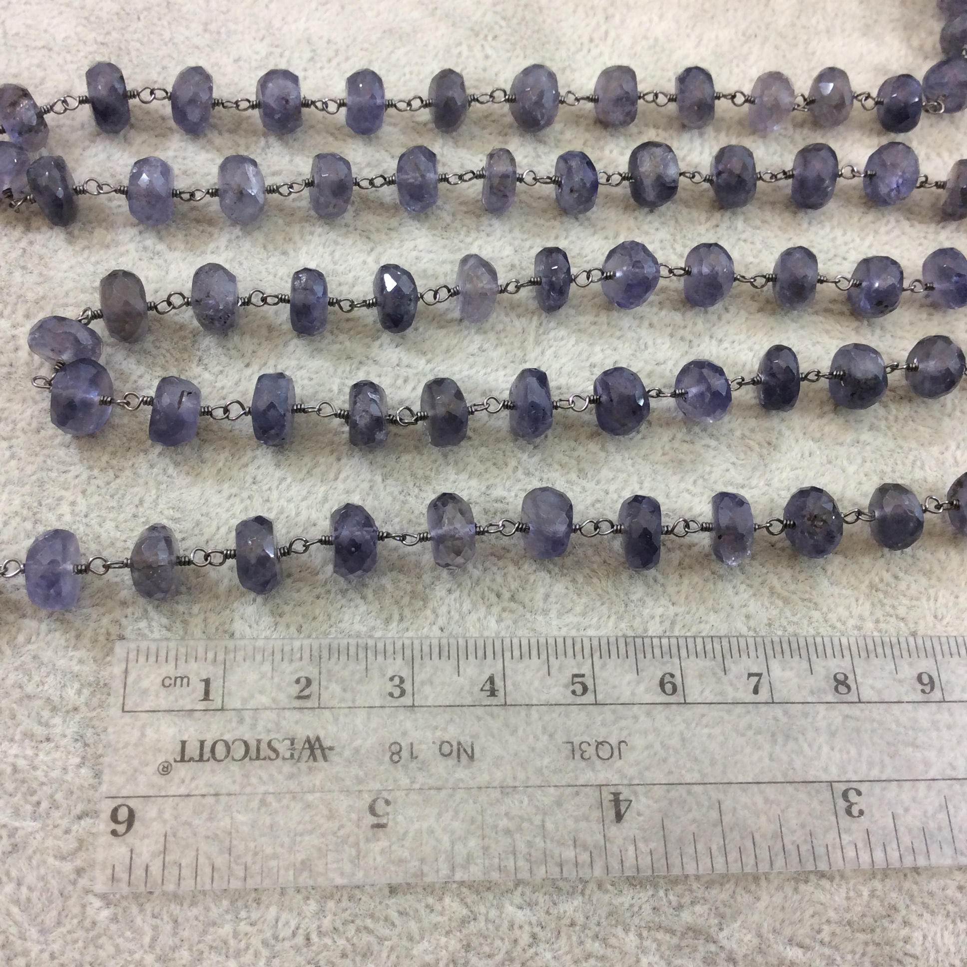 Gunmetal Plated Copper Wrapped Rosary Chain with 8-9mm Faceted Natural Iolite Shaped Rondelle Beads - Sold by 1' Cut Sections or in Bulk!