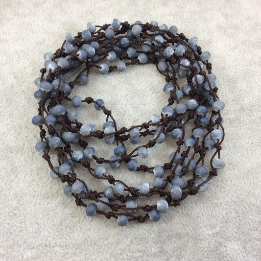 72" Woven Dark Brown Thread Necklace with 6mm Faceted Matte Finish Rondelle Shaped Opaque Bicolor Denim Chinese Crystal Beads - (DB72CC-149)