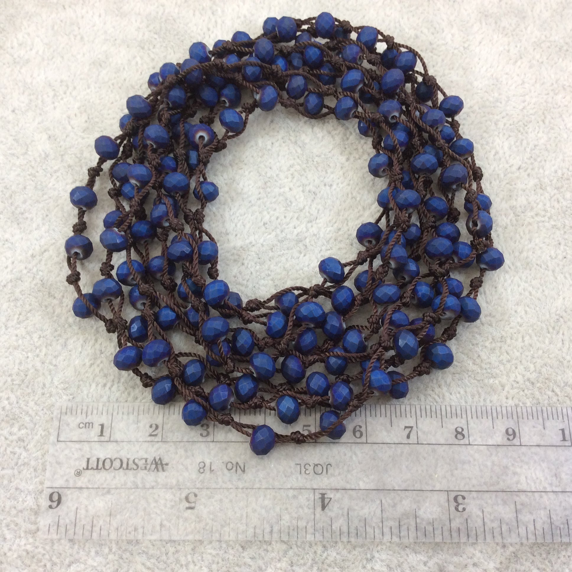 72" Woven Dark Brown Thread Necklace with 6mm Faceted Matte Finish Rondelle Shaped Opaque Dark Blue Chinese Crystal Beads - (DB72CC-153)