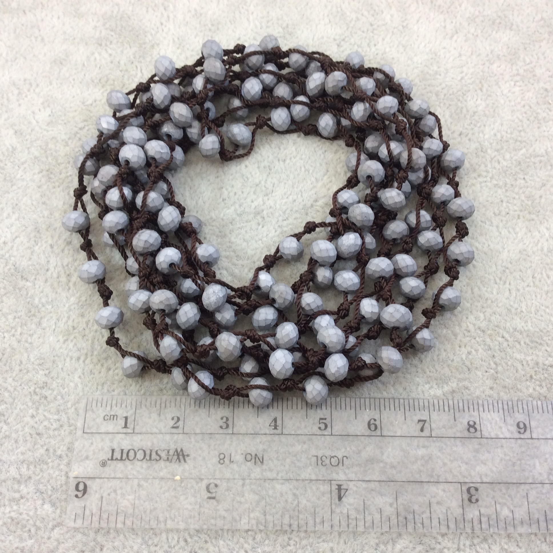 72" Woven Dark Brown Thread Necklace with 6mm Faceted Matte Finish Rondelle Shaped Opaque Silver Chinese Crystal Beads - (DB72CC-154)