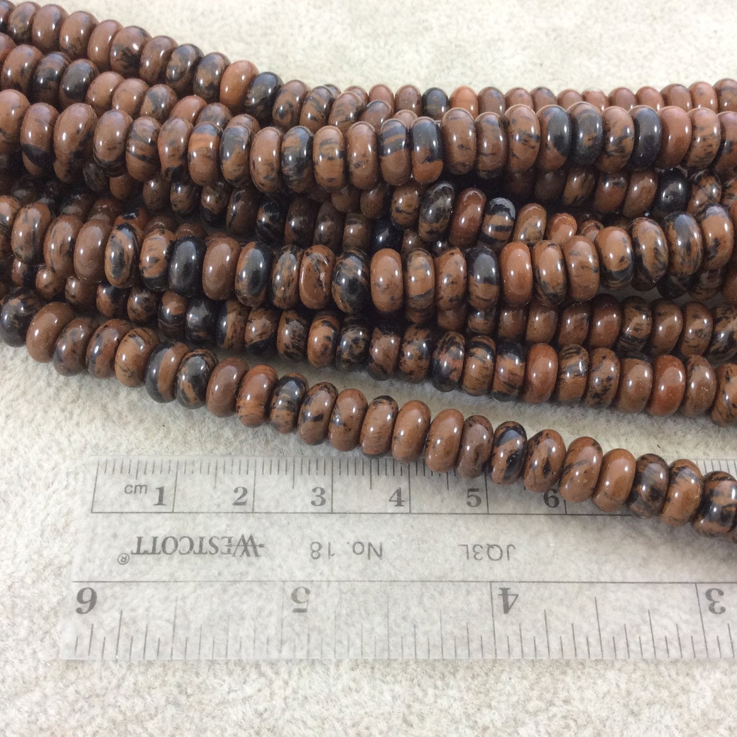 5mm x 8mm Glossy Finish Natural Mahogany Obsidian Rondelle Shaped Beads with 2.5mm Holes - 8" Strand (Approx. 39 Beads) - LARGE HOLE BEADS