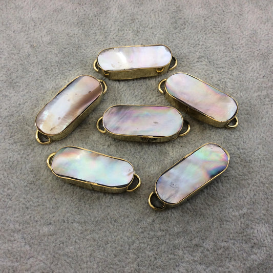 1.25" Iridescent Gray Natural Abalone Shell Skinny Oval Shaped Gold Plated Bezel Connector - Measuring 14mm x 33mm.