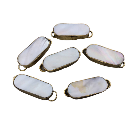 1.25" Iridescent white Natural Abalone Shell Skinny Oval Shaped Gold Plated Bezel Connector - Measuring 14mm x 33mm.