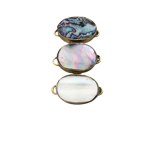 1" Iridescent Gray Natural Abalone Shell Fat Oval Shaped Gold Plated Bezel Connector - Measuring 21mm x 29mm.