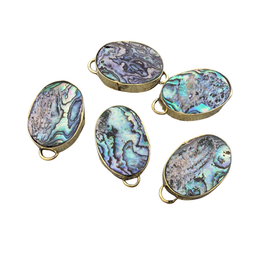 1" Iridescent Rainbow Natural Abalone Shell Fat Oval Shaped Gold Plated Bezel Connector - Measuring 21mm x 29mm.