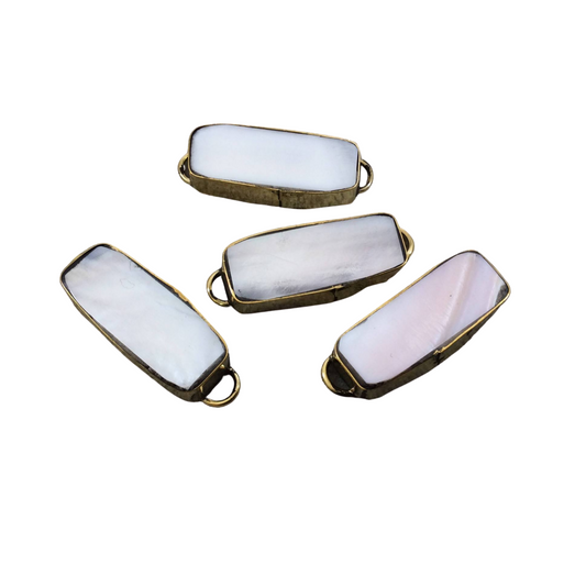 1" Iridescent white Natural Abalone Shell Long Rectangle Shaped Gold Plated Bezel Connector - Measuring 13mm x 33mm.