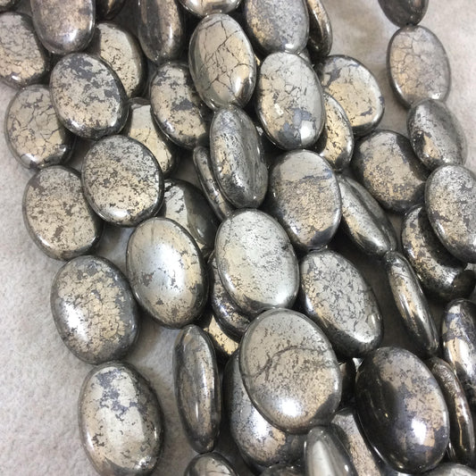 18mm x 25mm Glossy Finish Natural Metallic Pyrite Oval Shaped Beads with 1mm Holes - 15.5" Strand (Approx. 16 Beads) - Quality Gemstone