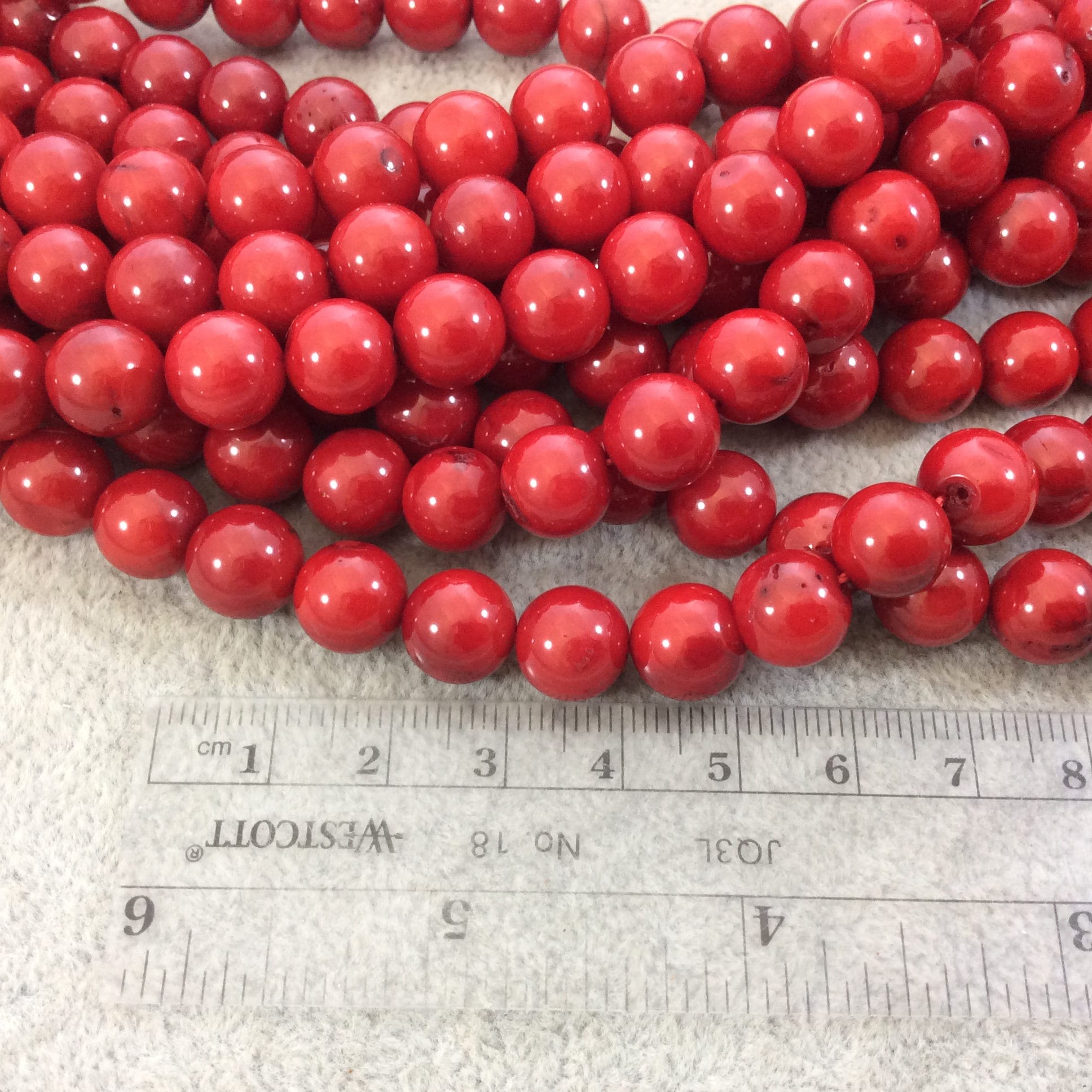 10mm Glossy Finish Dyed Red Sea Bamboo Coral Round/Ball Shaped Beads with 1mm Holes - 15.75" Strand (Approx. 41 Beads per Strand)