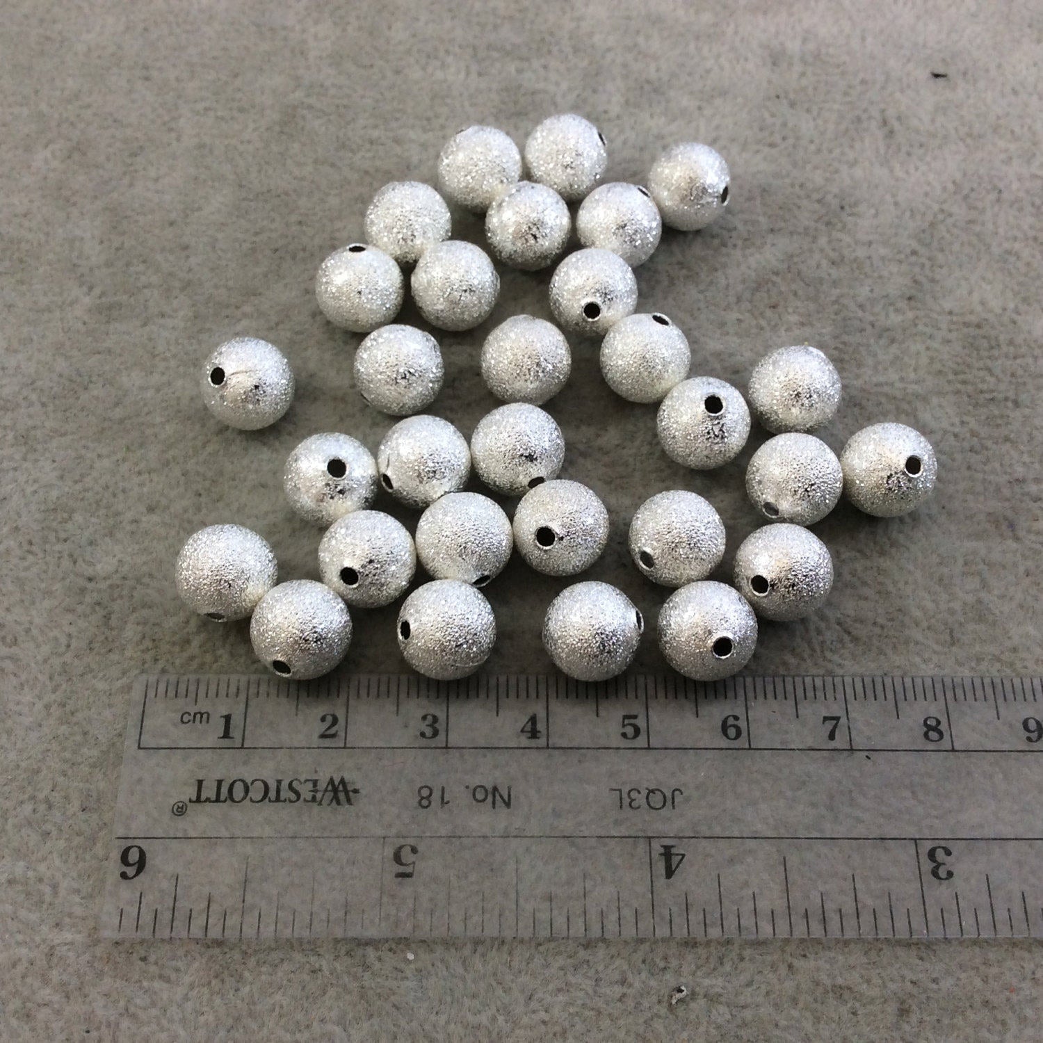 10mm Sandblasted Stardust Finish Bright Silver Base Metal Round/Ball Shape Beads with 2mm Holes - Loose, Sold in Pre-Packed Bags of 30 Beads