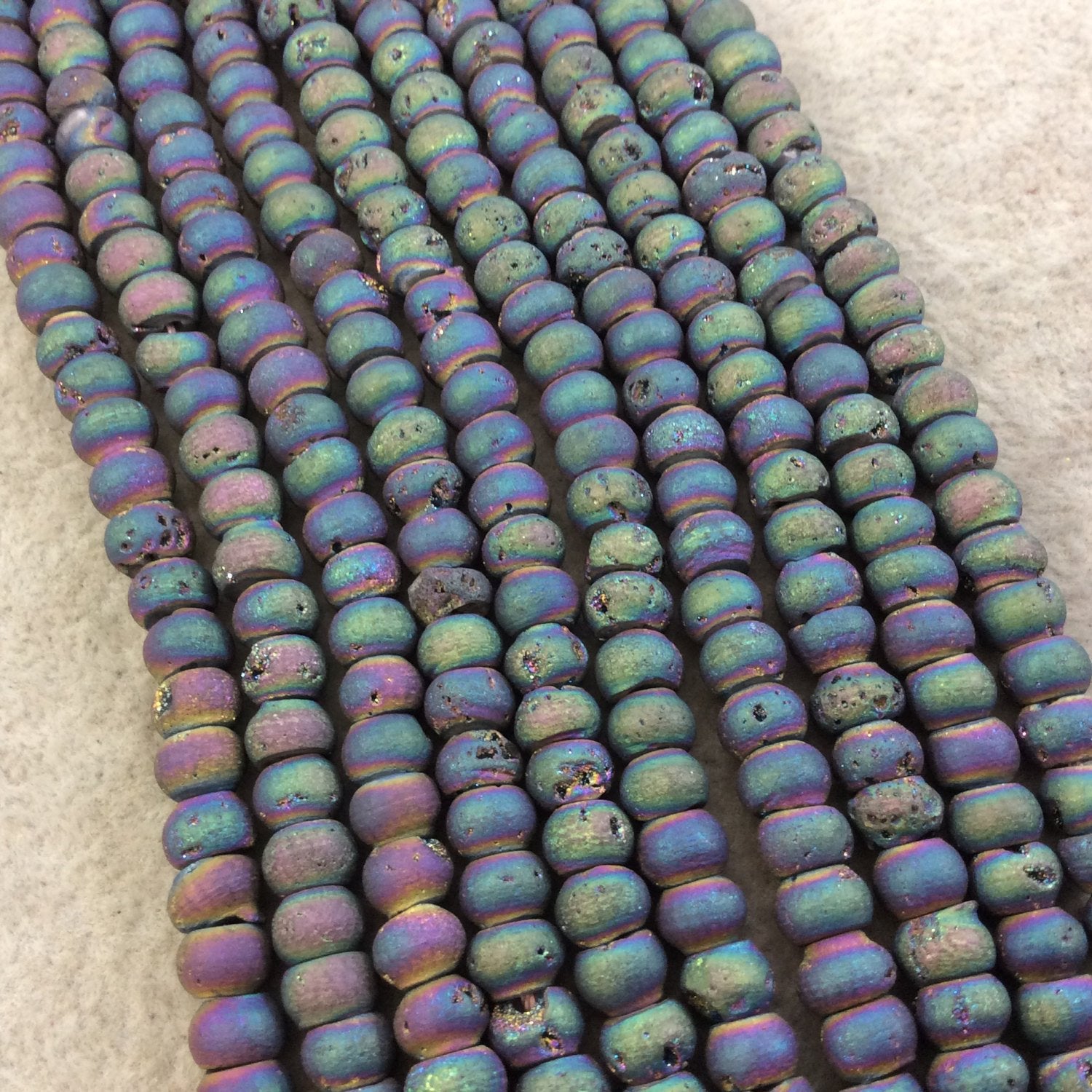 6mm Matte Finish Premium Rainbow Titanium Druzy Agate Rondelle Shaped Beads with 1mm Holes - Sold by 7.75" Strands (Approx. 45 Beads)