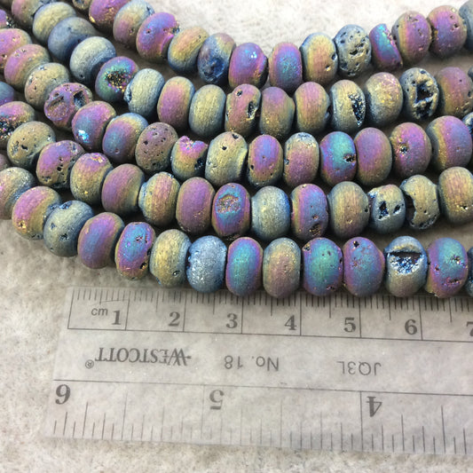 10mm Matte Finish Premium Rainbow Titanium Druzy Agate Rondelle Shaped Beads with 1mm Holes - Sold by 7.75&quot; Strands (Approx. 33 Beads)