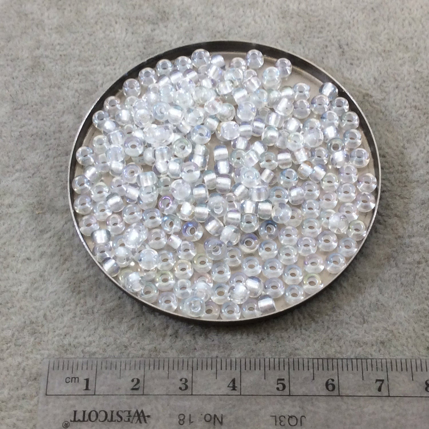 Size 6/0 Glossy AB Finish Pearlized White/Clear Genuine Miyuki Glass Seed Beads - Sold by 20 Gram Tubes (Approx. 200 Beads/Tube) - (6-93637)