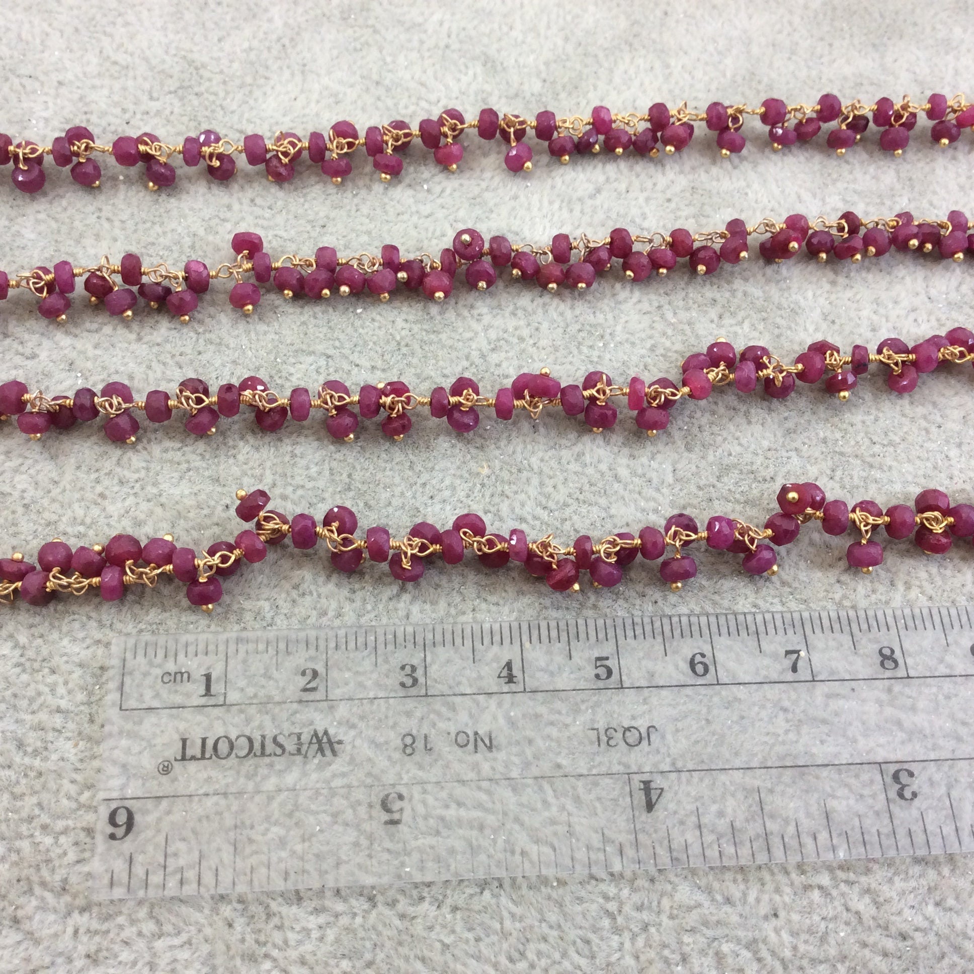 Gold Plated Copper Double Dangle Rosary Chain with 3-4mm Faceted Natural Ruby Rondelle Beads - Sold by 1' Cut Sections or in Bulk!