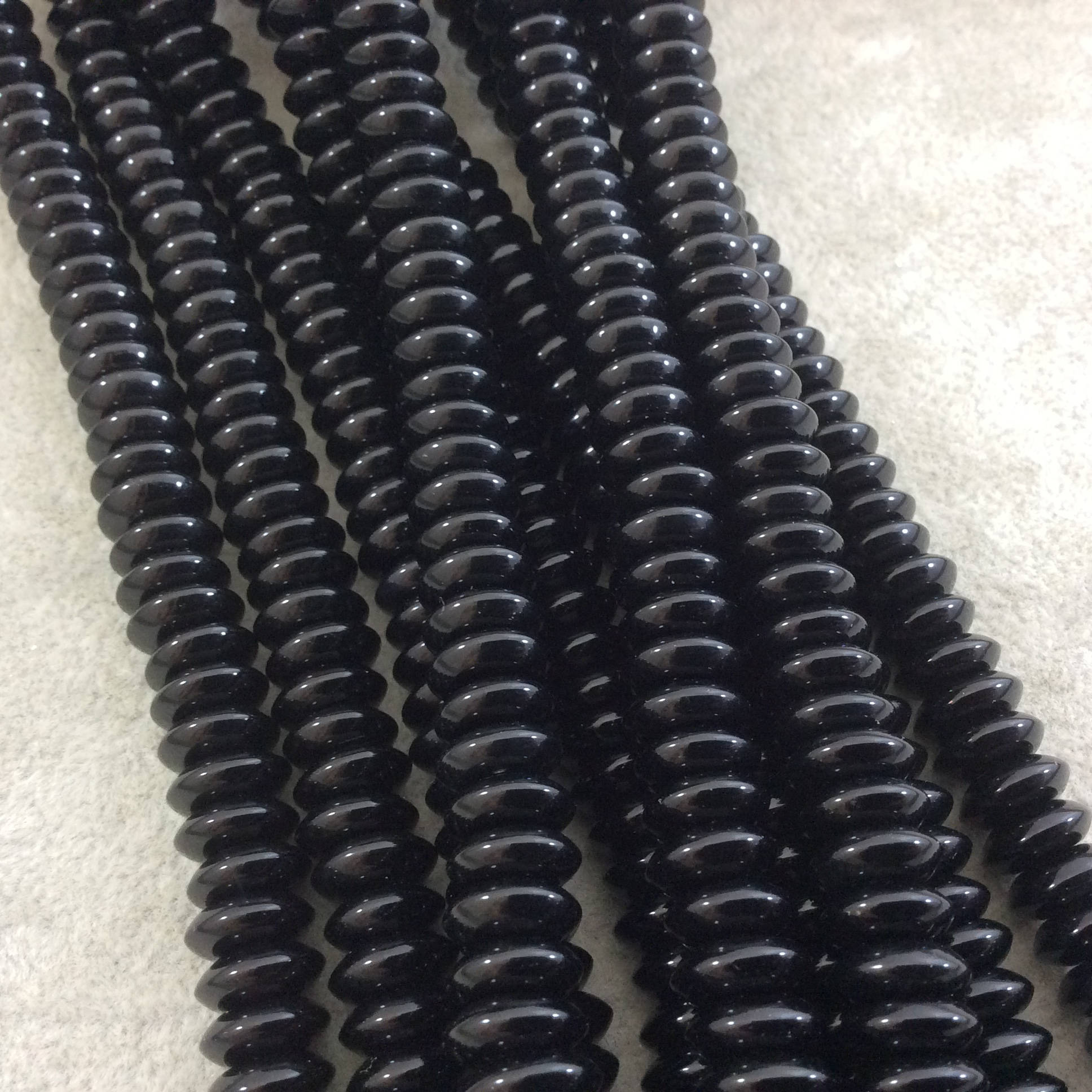 4mm x 10mm Smooth Glossy Finish Natural Jet Black Agate Rondelle Shaped Beads with 1mm Holes - Sold by 15.75" Strands (Approx. 100 Beads)