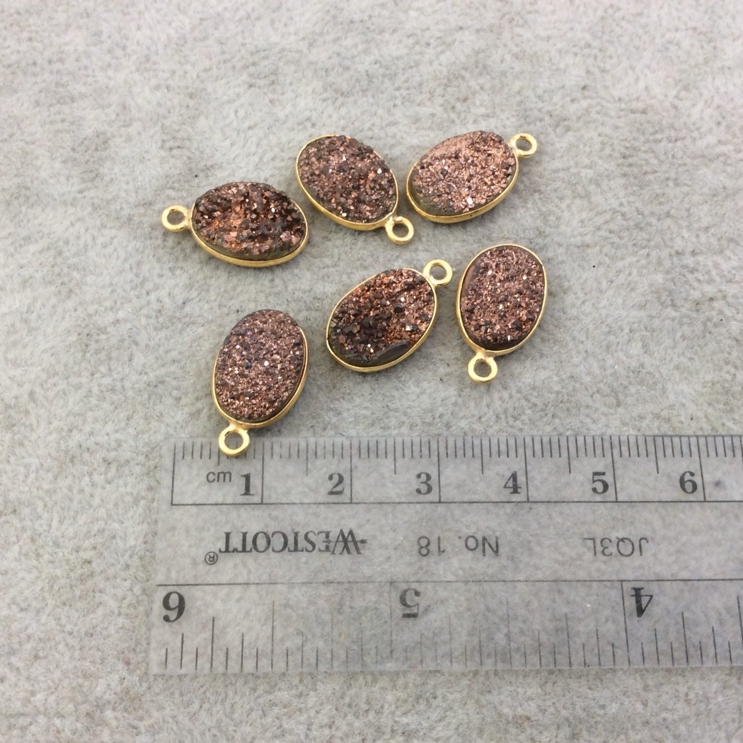 Gold Electroplated Natural Peach/Brown Titanium Druzy Agate Oval Shaped Bezel Pendant - Measuring 10mm x 15mm, Approx. - Individual, Random