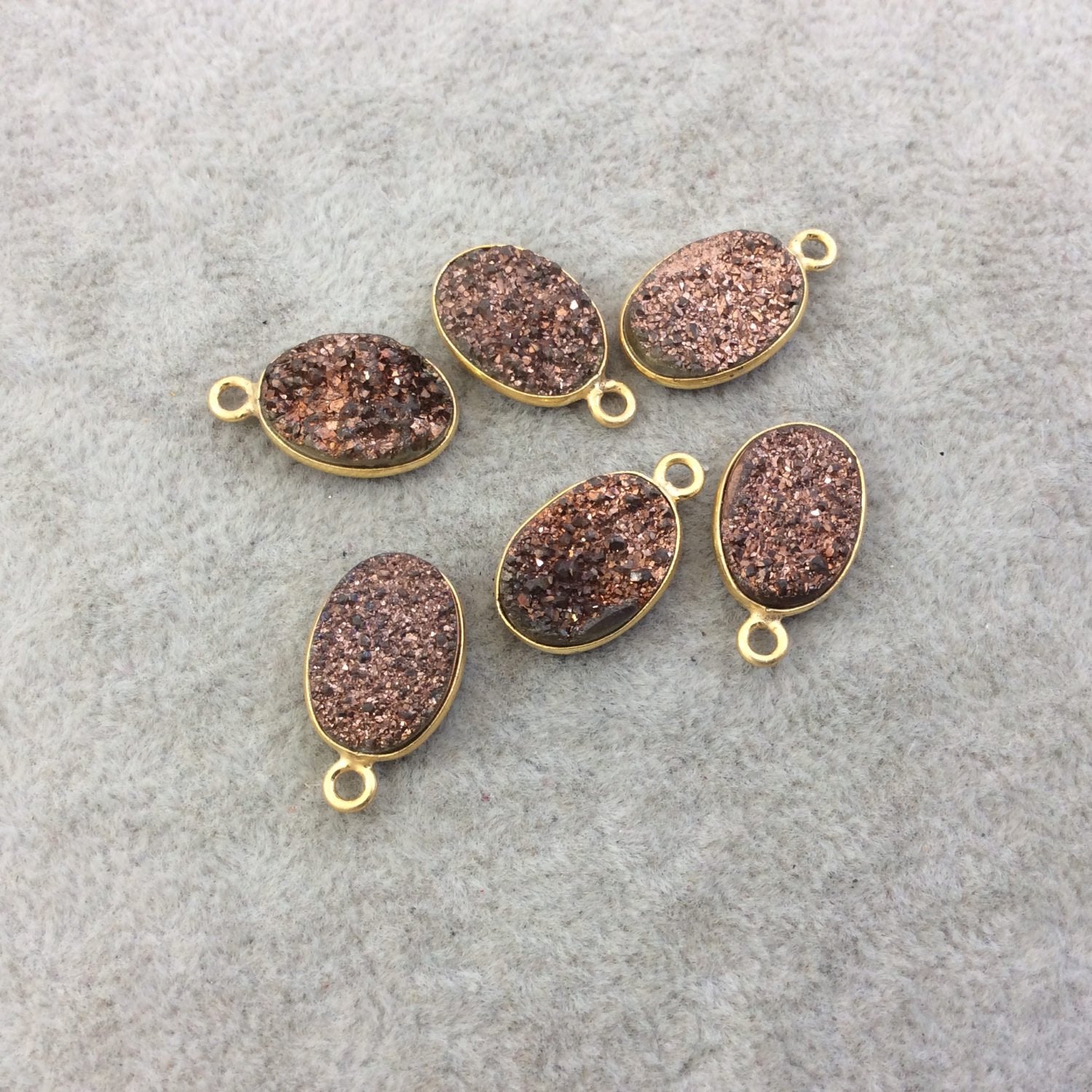 Gold Electroplated Natural Peach/Brown Titanium Druzy Agate Oval Shaped Bezel Pendant - Measuring 10mm x 15mm, Approx. - Individual, Random