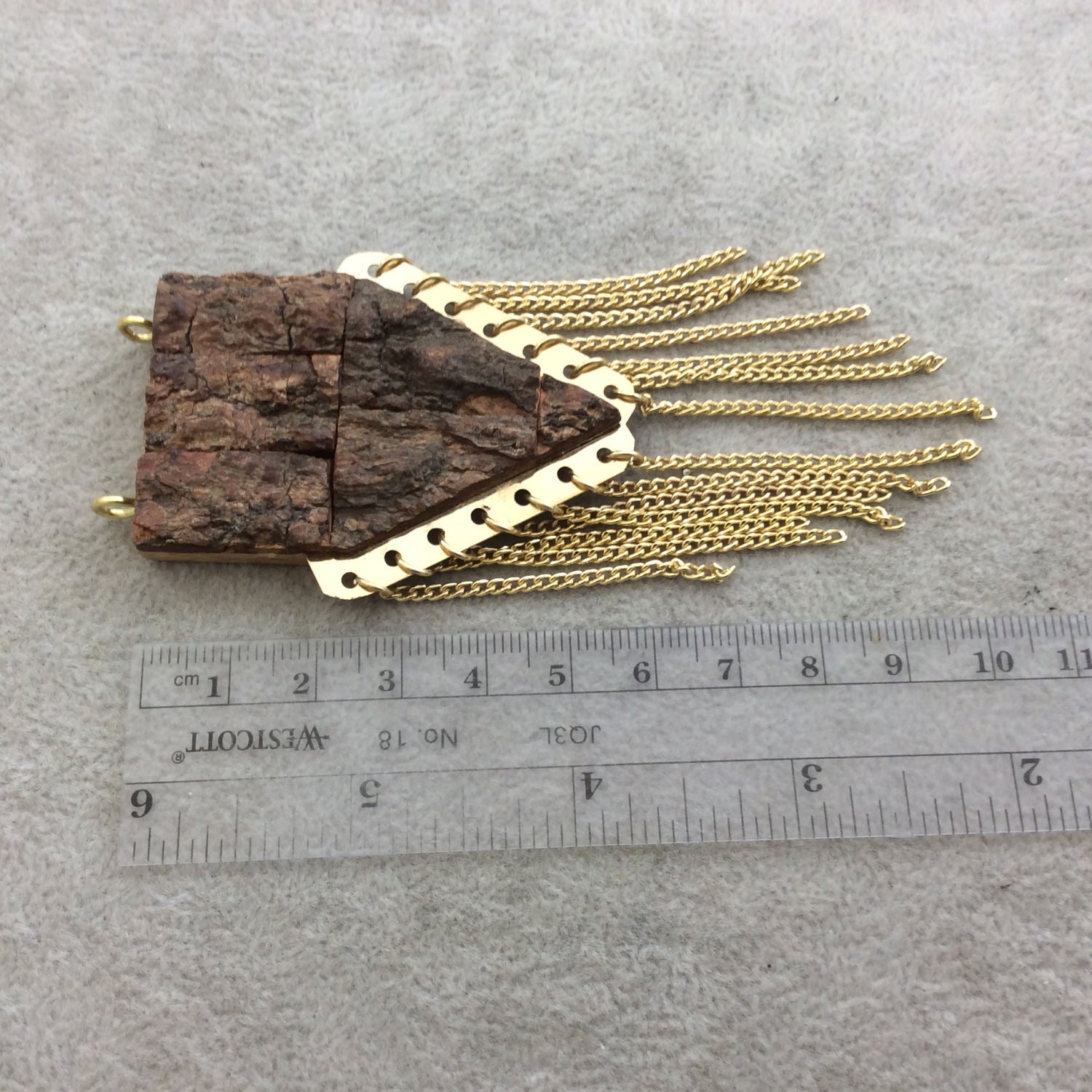 2.25" Flat Pointed Arrow Shaped Natural Brown Wood/Bark Pendant with Gold Plated Chains - Measuring 36mm x 57mm, Approx.