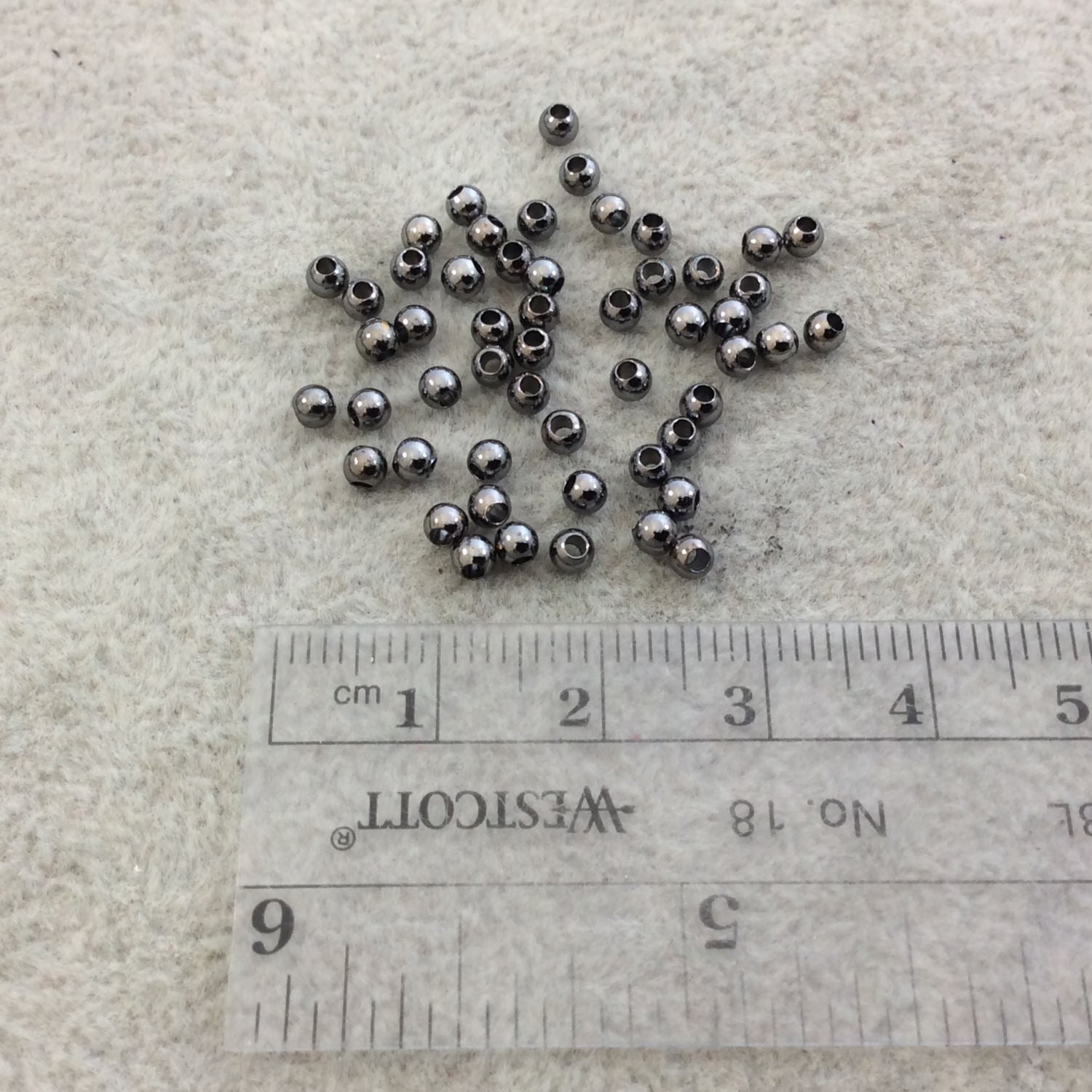 3mm Glossy Finish Gunmetal Plated Brass Round/Ball Shaped Metal Spacer Beads with 1mm Holes - Loose, Sold in Pre-Packed Bags of 50 Beads