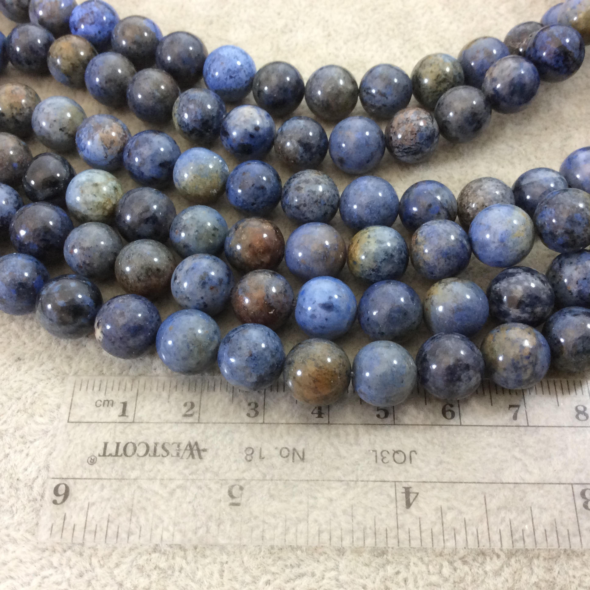 10mm Glossy Finish Natural Mixed Blue Dumortierite Round/Ball Shaped Beads with 1mm Holes - Sold by 15" Strands (Approx. 39 Beads)