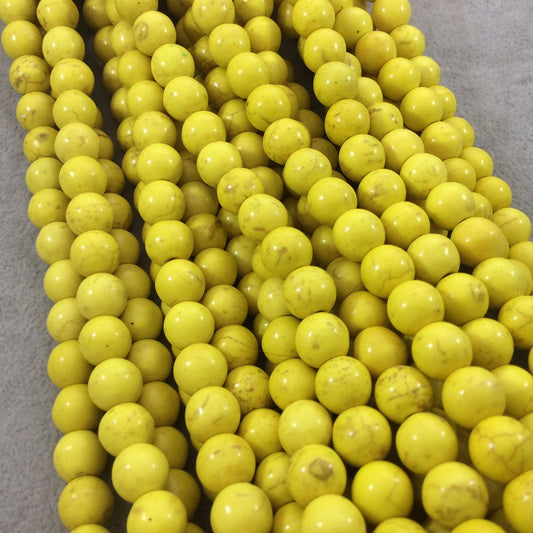 10mm Smooth Dyed Bright Yellow Howlite Round/Ball Shaped Beads with 1mm Holes - Sold by 15.75" Strands (Approx. 42 Beads) - Quality Gemstone