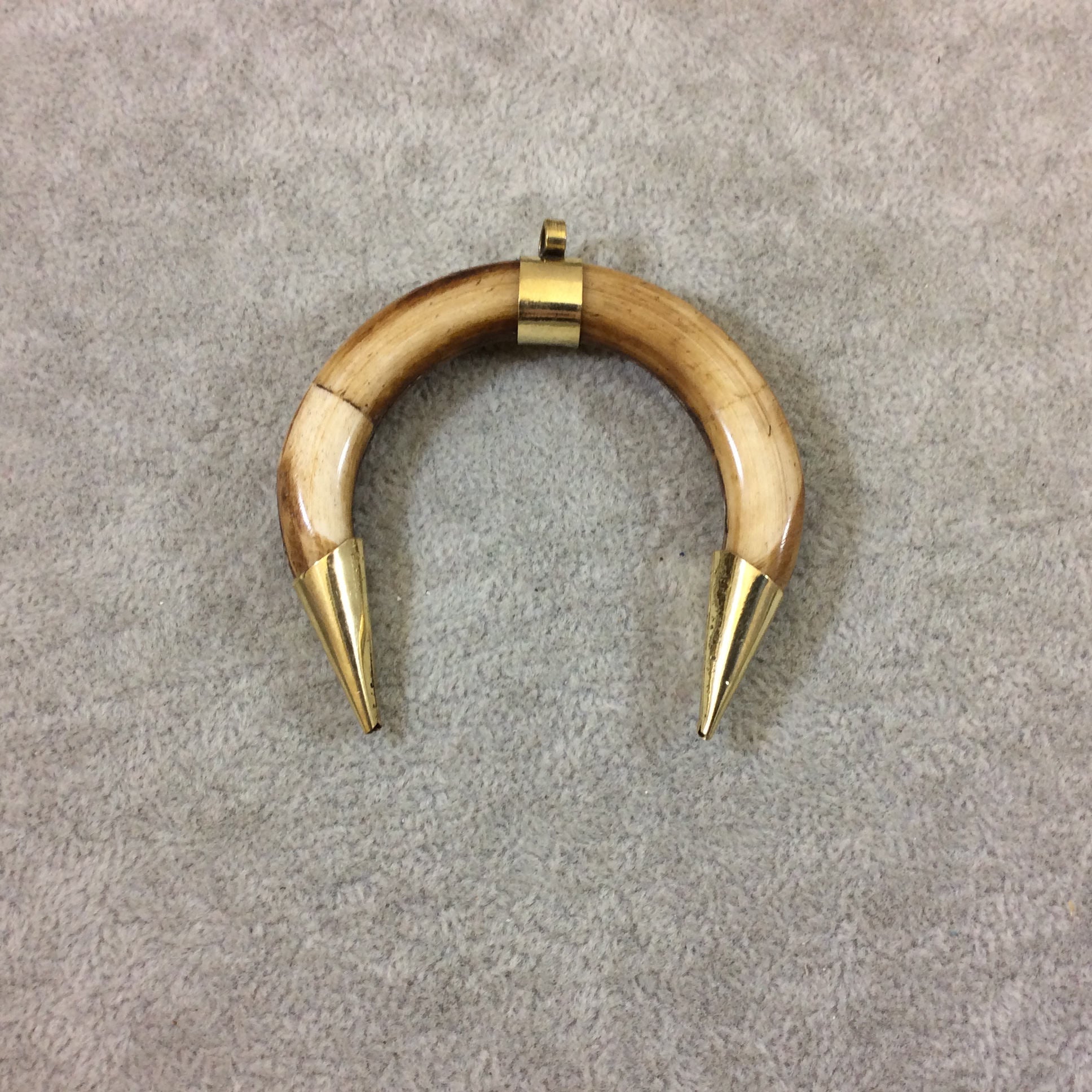 2.5" Light Brown Thick Double Ended Crescent Shaped Natural Ox Bone Pendant with Gold Bail/Caps - Measuring 63mm x 63mm - (TR087-LB)