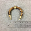 2.5" Medium Brown Thick Double Ended Crescent Shaped Natural Ox Bone Pendant with Gold Bail/Caps - Measuring 63mm x 63mm - (TR087-MB)