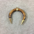 2.5" Medium Brown Thick Double Ended Crescent Shaped Natural Ox Bone Pendant with Gold Bail/Caps - Measuring 63mm x 63mm - (TR087-MB)