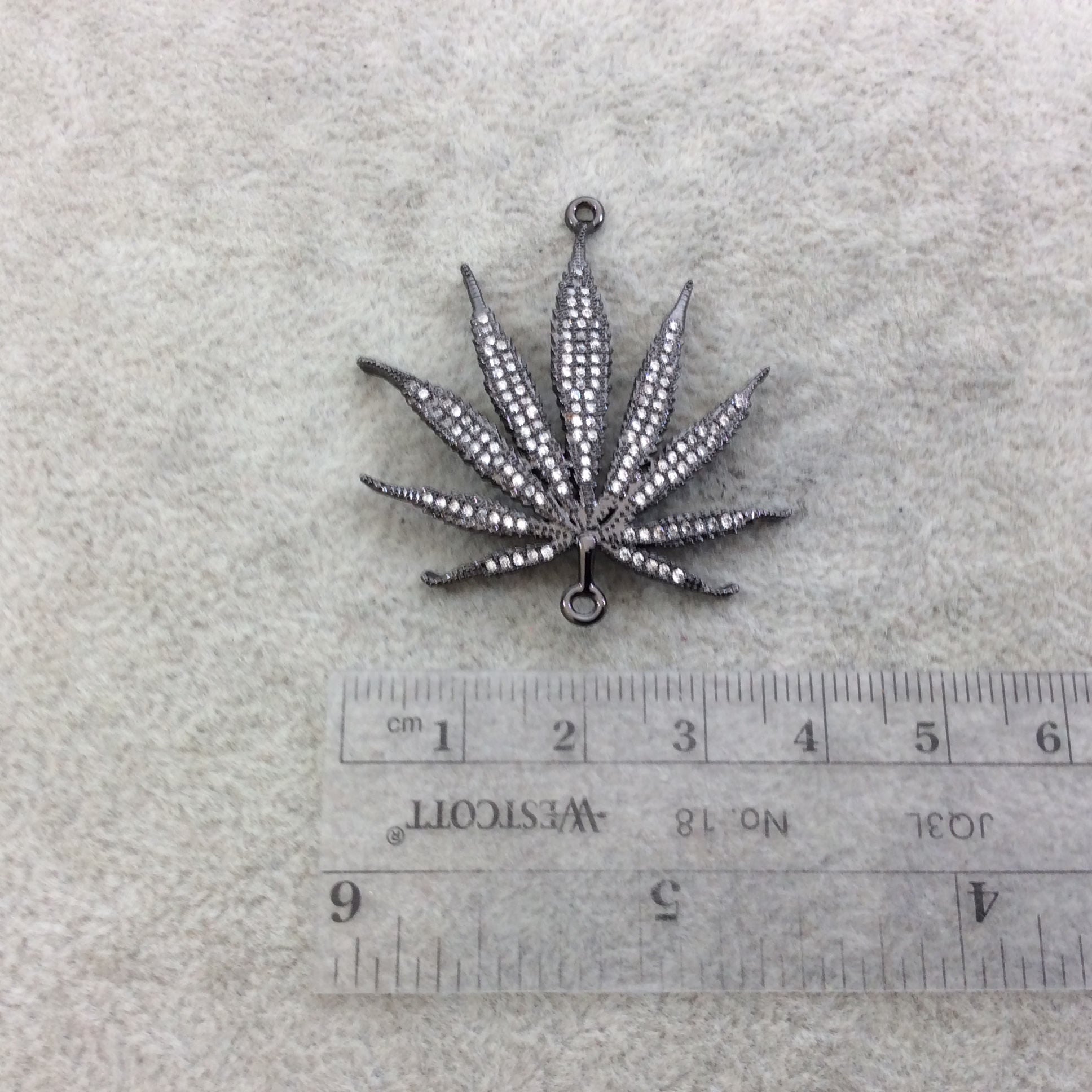 Gunmetal Plated CZ Cubic Zirconia Inlaid Cannabis Leaf Shaped Copper Connector - Measuring 37mm x 37mm, Approx.  - Sold Individually, RANDOM