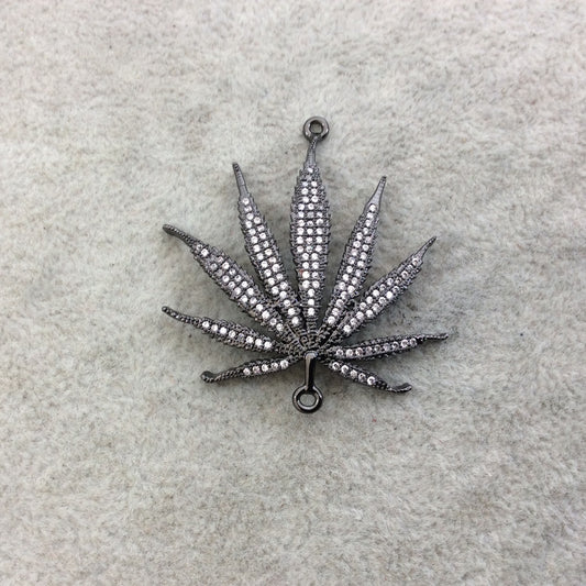 Gunmetal Plated CZ Cubic Zirconia Inlaid Cannabis Leaf Shaped Copper Connector - Measuring 37mm x 37mm, Approx.  - Sold Individually, RANDOM