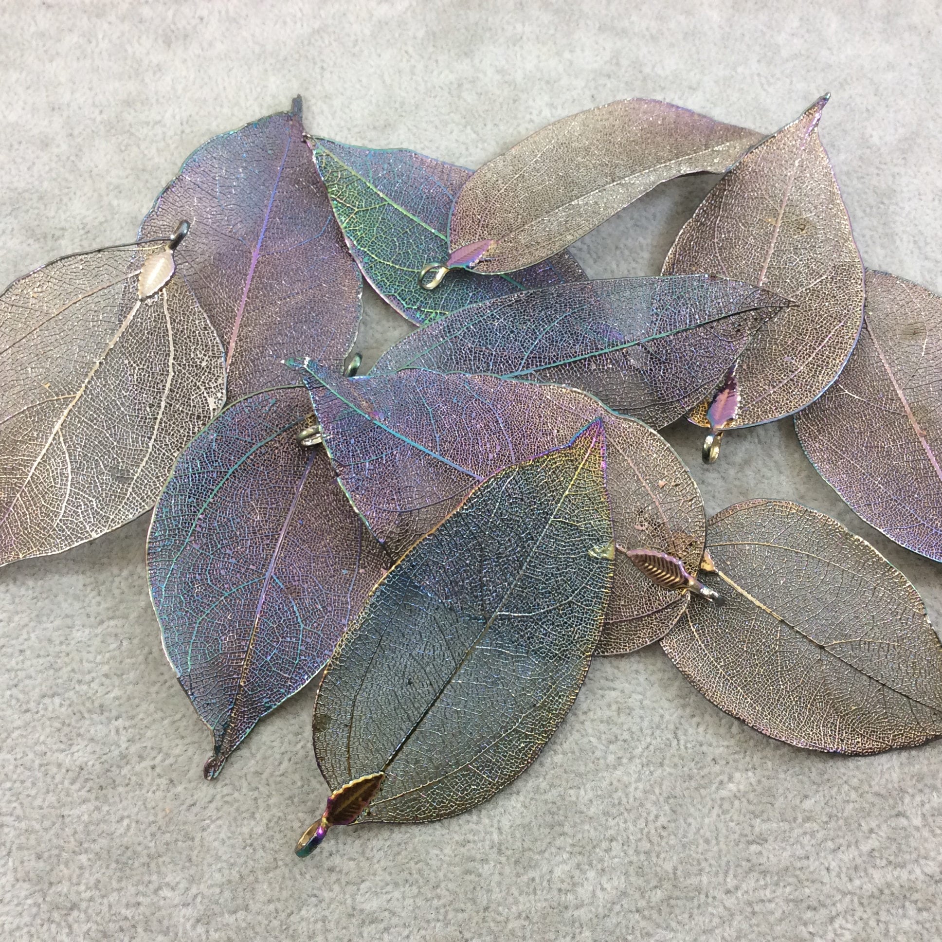 Titanium Rainbow Leaf Pendant - Electroplated Natural Leaf Charm - 60 to 70mm long