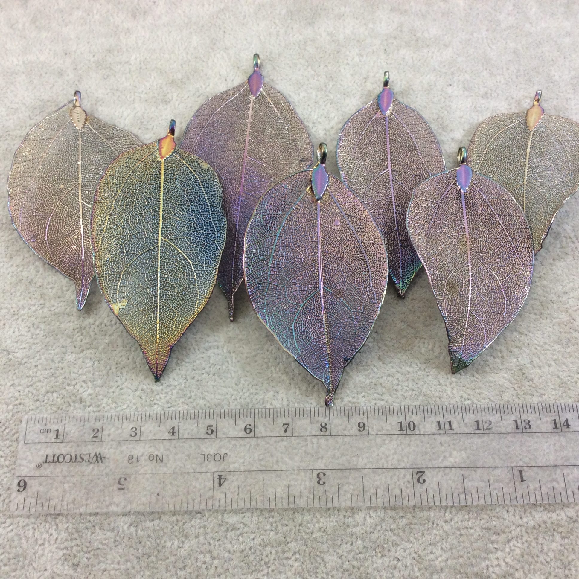 Titanium Rainbow Leaf Pendant - Electroplated Natural Leaf Charm - 60 to 70mm long