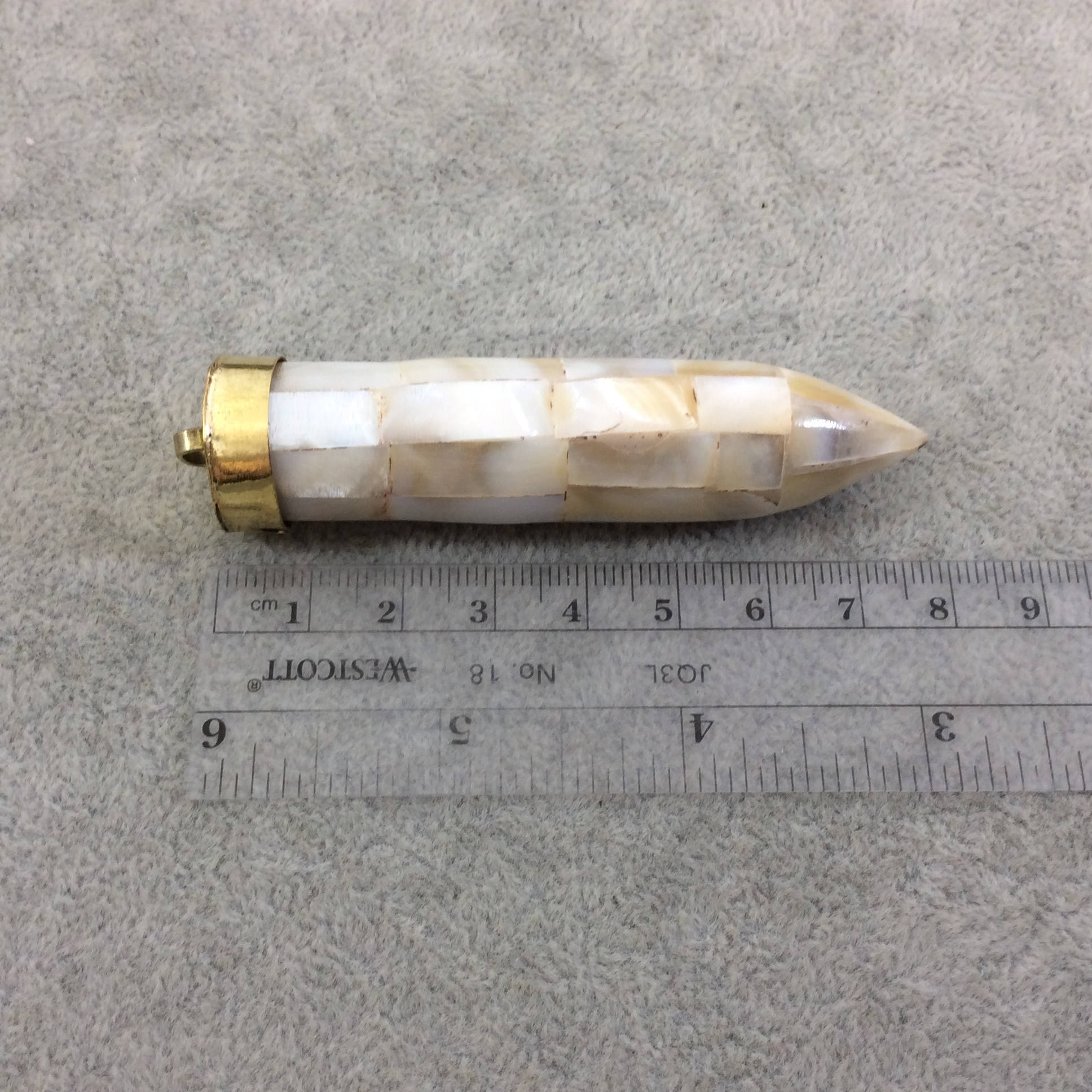 3" Iridescent White/Ivory Natural Abalone Shell Pointed Spike/Bullet Shaped Pendant with Gold Cap - Measuring 19mm x 76mm - (TR042-WA)