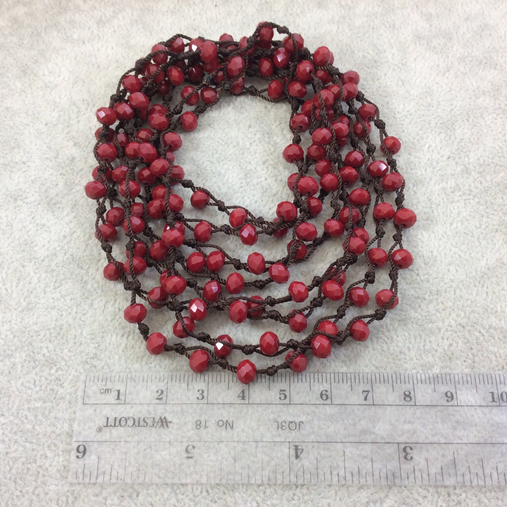 72" Woven Dark Brown Thread Necklace with 6mm Faceted Glossy Finish Rondelle Shaped Opaque Garnet Red Chinese Crystal Beads - (DB72CC-70)