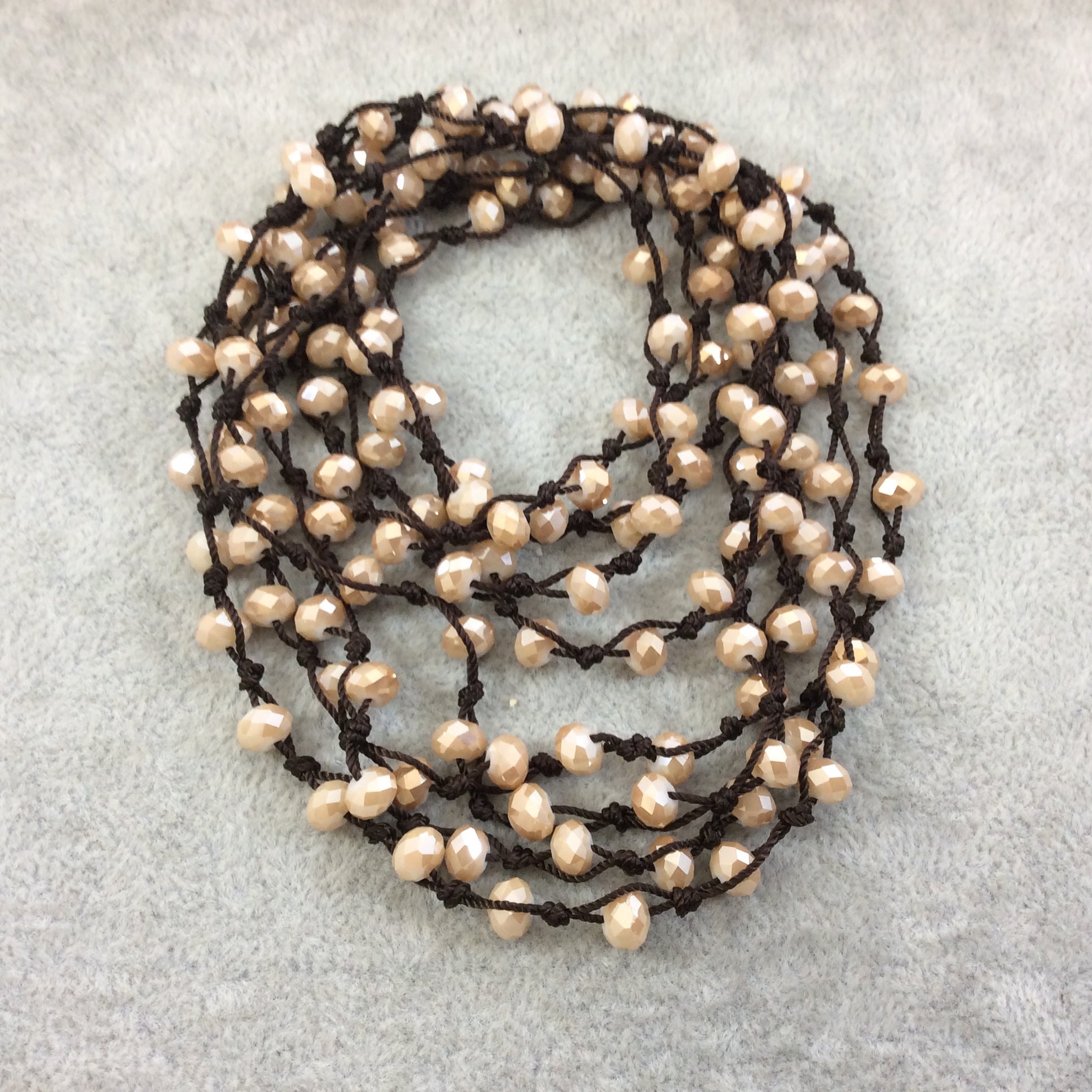 72" Woven Dark Brown Thread Necklace with 6mm Faceted AB Finish Rondelle Shaped Opaque Champagne Chinese Crystal Beads - (DB72CC-74)