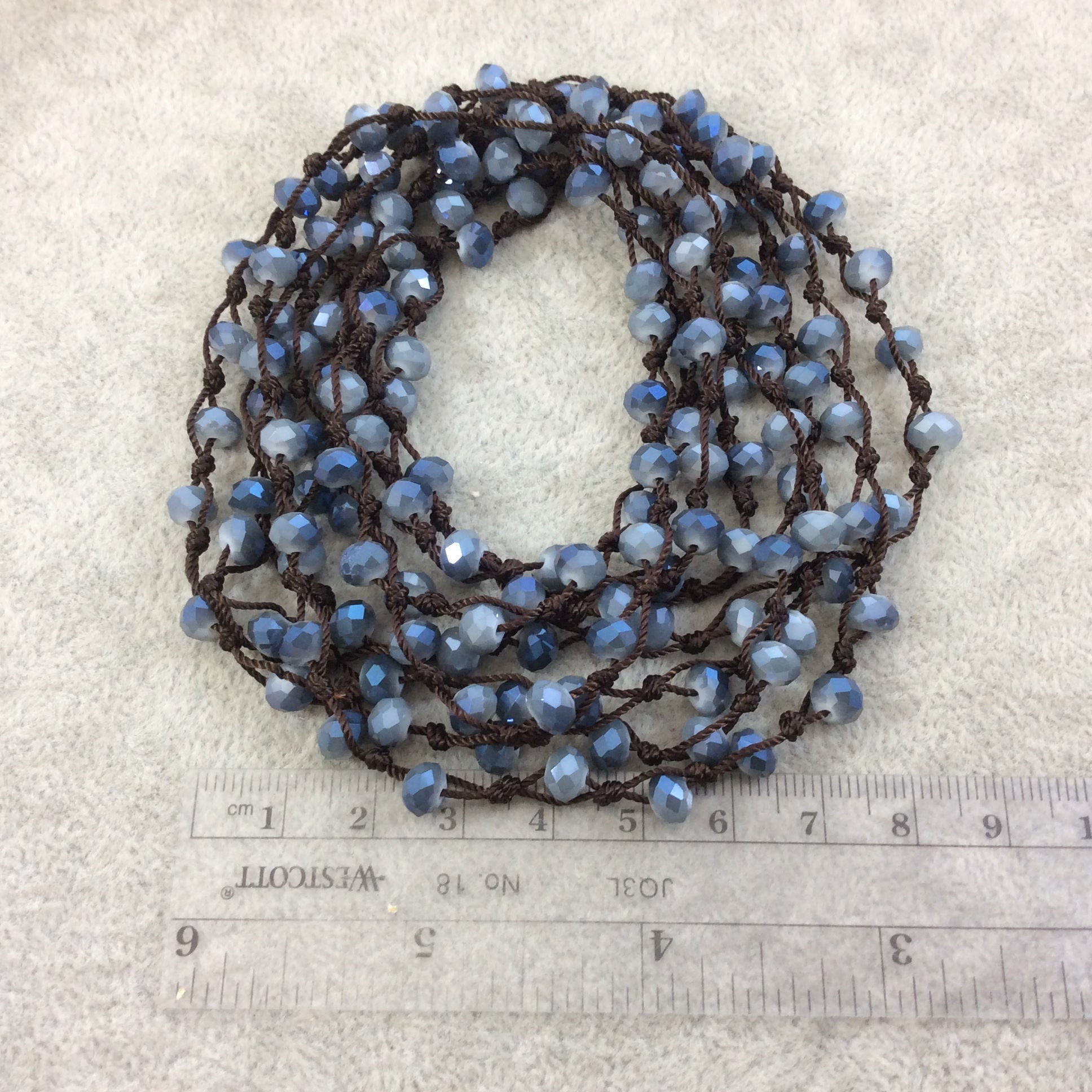 72" Woven Dark Brown Thread Necklace with 6mm Faceted AB Finish Rondelle Shaped Opaque Bicolor Gray/Blue Chinese Crystal Beads - (DB72CC-77)