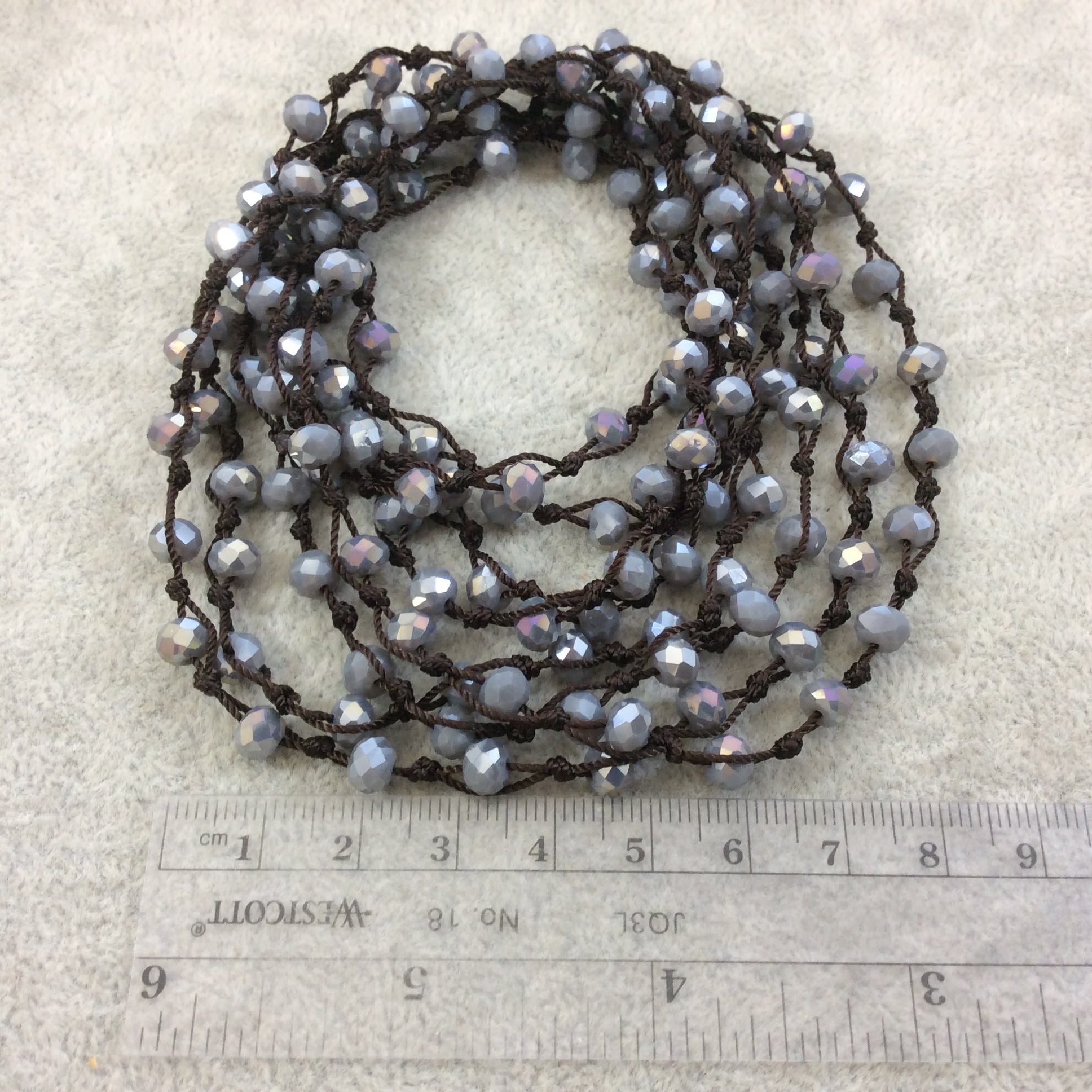 72" Woven Dark Brown Thread Necklace with 6mm Faceted AB Finish Rondelle Shaped Opaque Medium Gray Chinese Crystal Beads - (DB72CC-82)