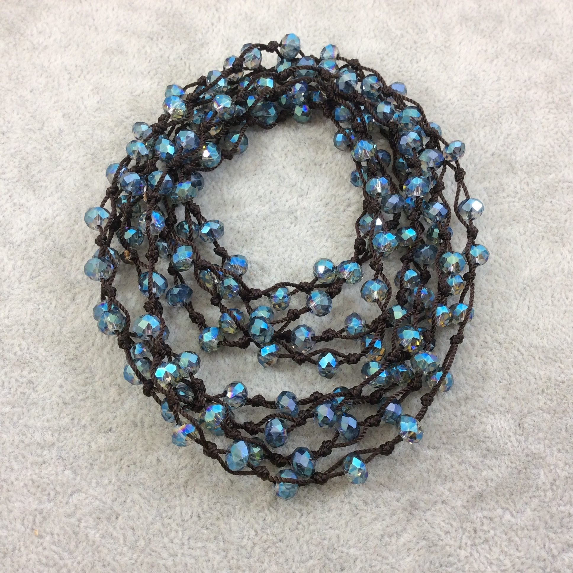 72" Woven Dark Brown Thread Necklace with 6mm Faceted AB Finish Rondelle Shaped Transparent Light Teal Chinese Crystal Beads - (DB72CC-88)