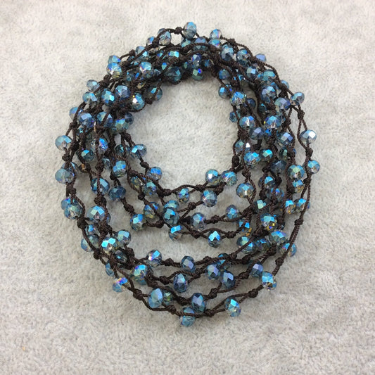 72" Woven Dark Brown Thread Necklace with 6mm Faceted AB Finish Rondelle Shaped Transparent Light Teal Chinese Crystal Beads - (DB72CC-88)