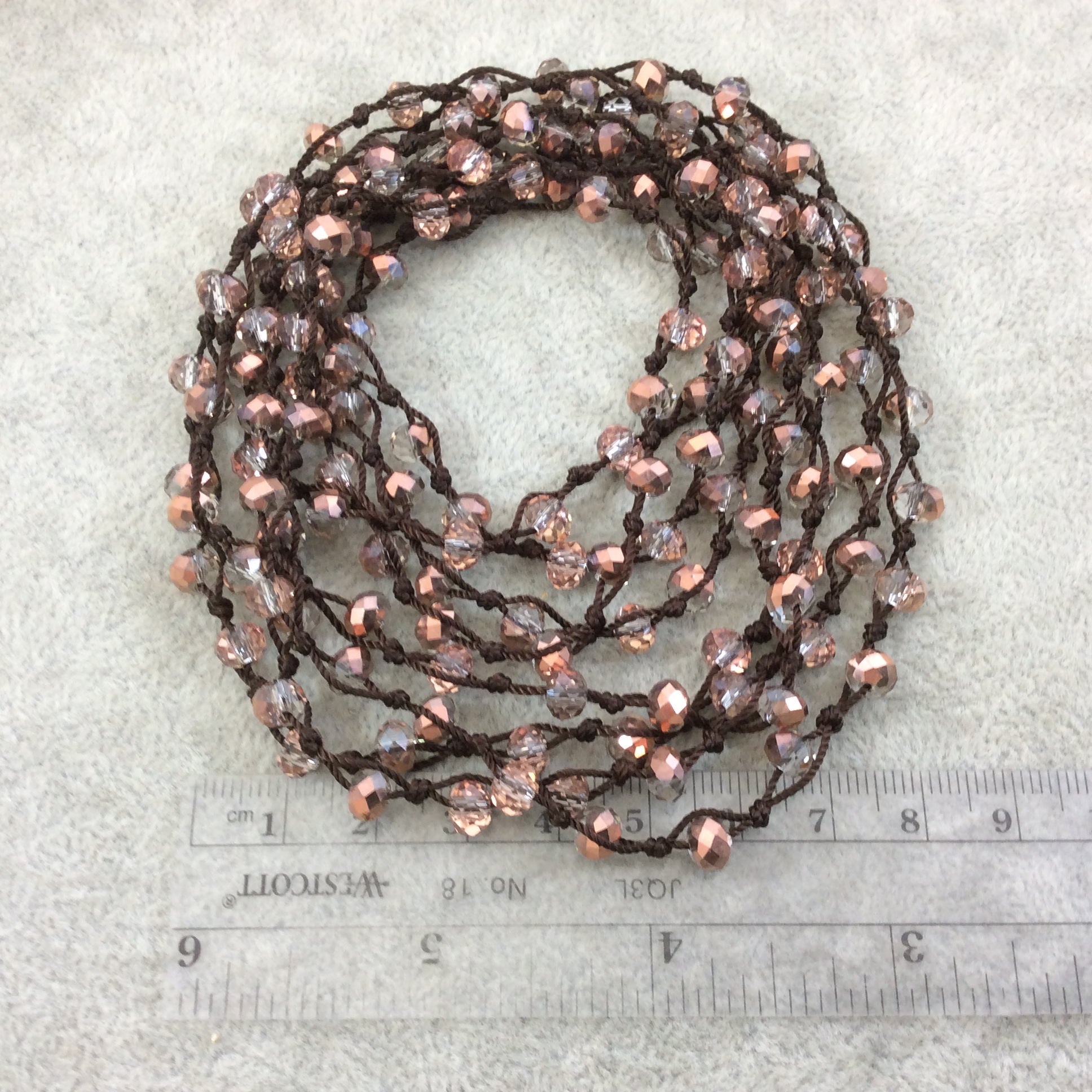 72" Woven Dark Brown Thread Necklace with 6mm Faceted AB Finish Rondelle Shaped Trans. Bicolor Rose Gold Chinese Crystal Beads - (DB72CC-98)