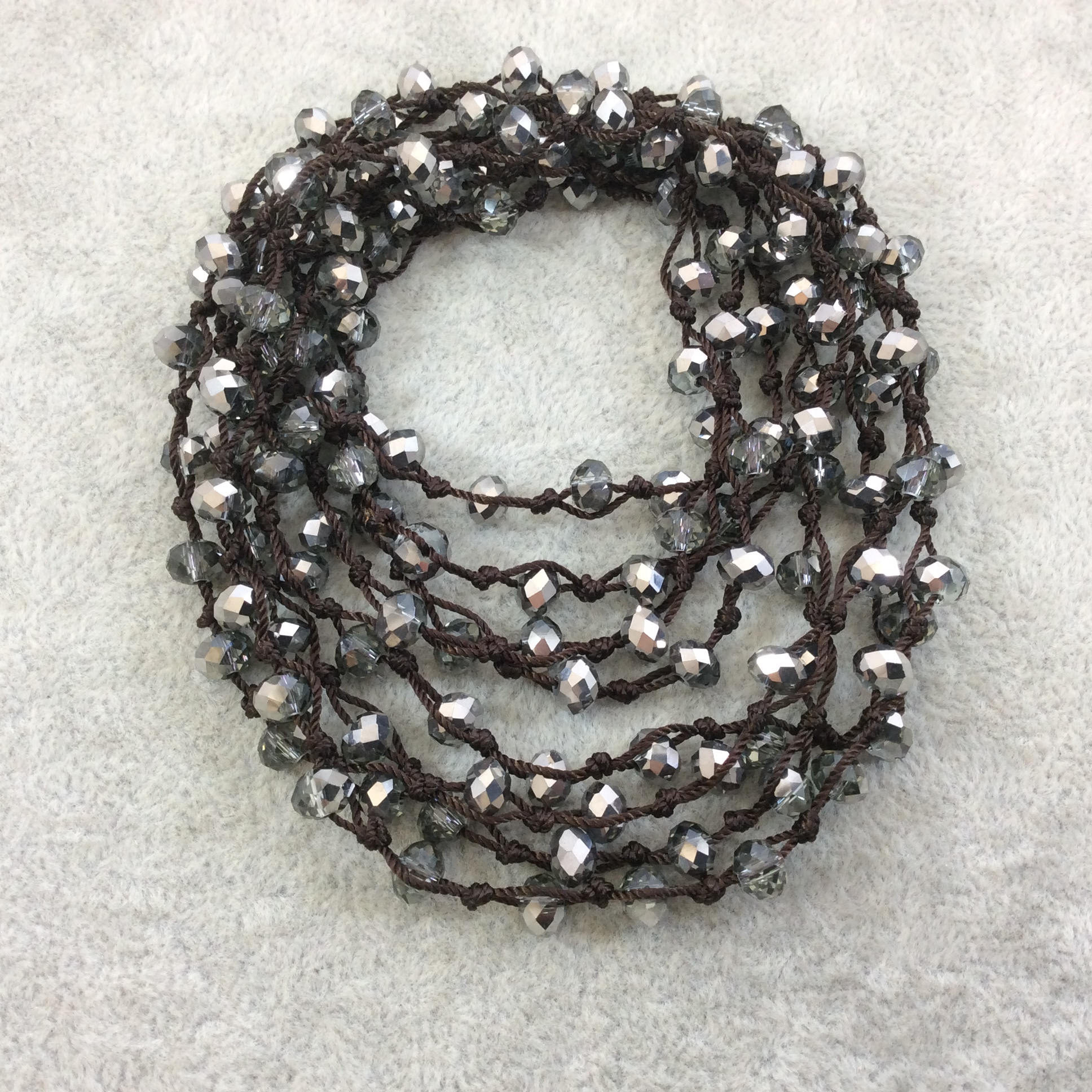 72" Woven Dark Brown Thread Necklace with 6mm Faceted AB Finish Rondelle Shaped Semi-Trans. Gray/Silver Chinese Crystal Beads - (DB72CC-102)